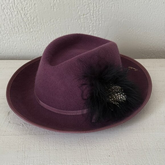 VTG Betmar Fedora Wide Brim Feather Detail Purple Wool Felt Size One Size - Picture 1 of 9